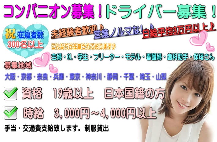 コンパニオン募集!送迎ドライバー募集!時給3,000円~4,000円以上の登録制日払いアルバイトになります。